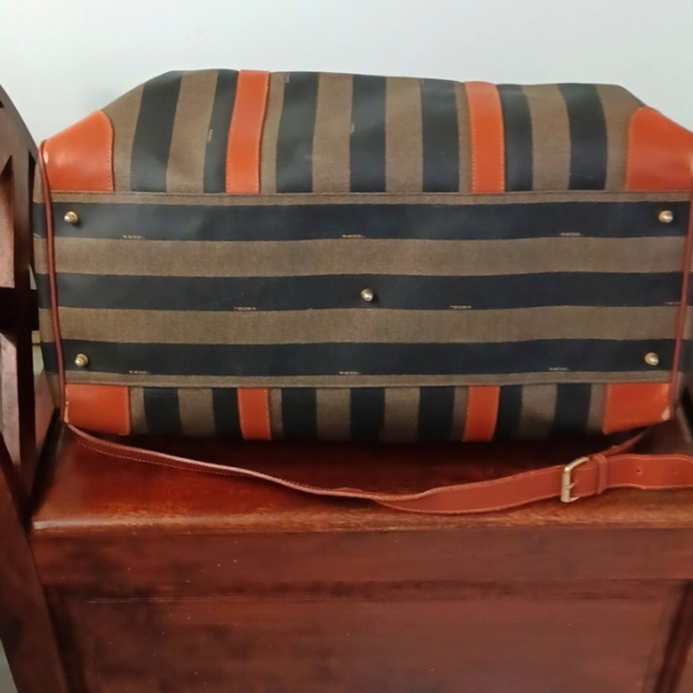 Vintage *RARE* Fendi Pequin Stripe & Cognac Duffle/Weekender Bag (Large 50cm) - Picture 6 of 10